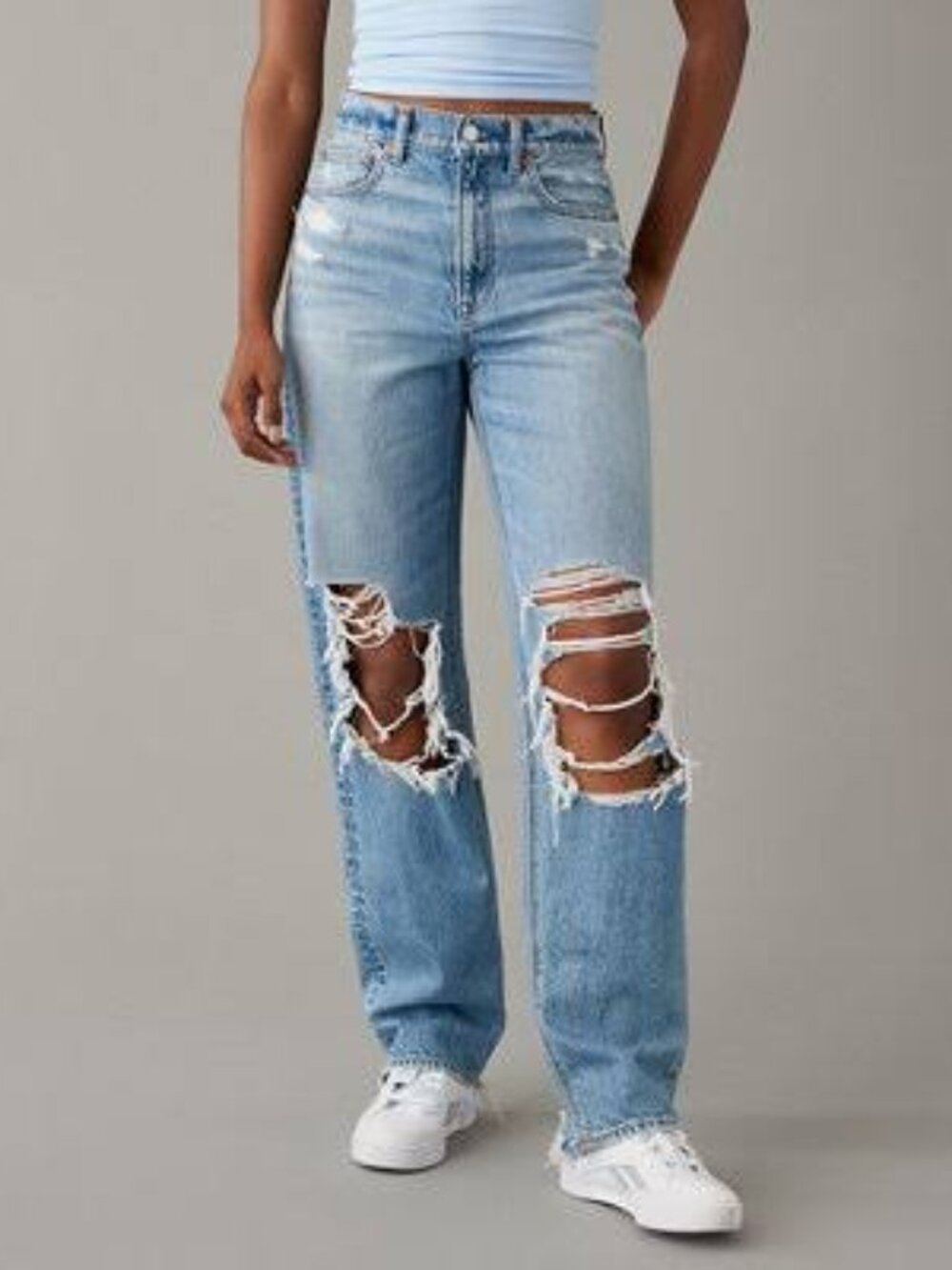 American Eagle Baggy Straight Y2K Light Blue Distressed Boyfriend Jeans